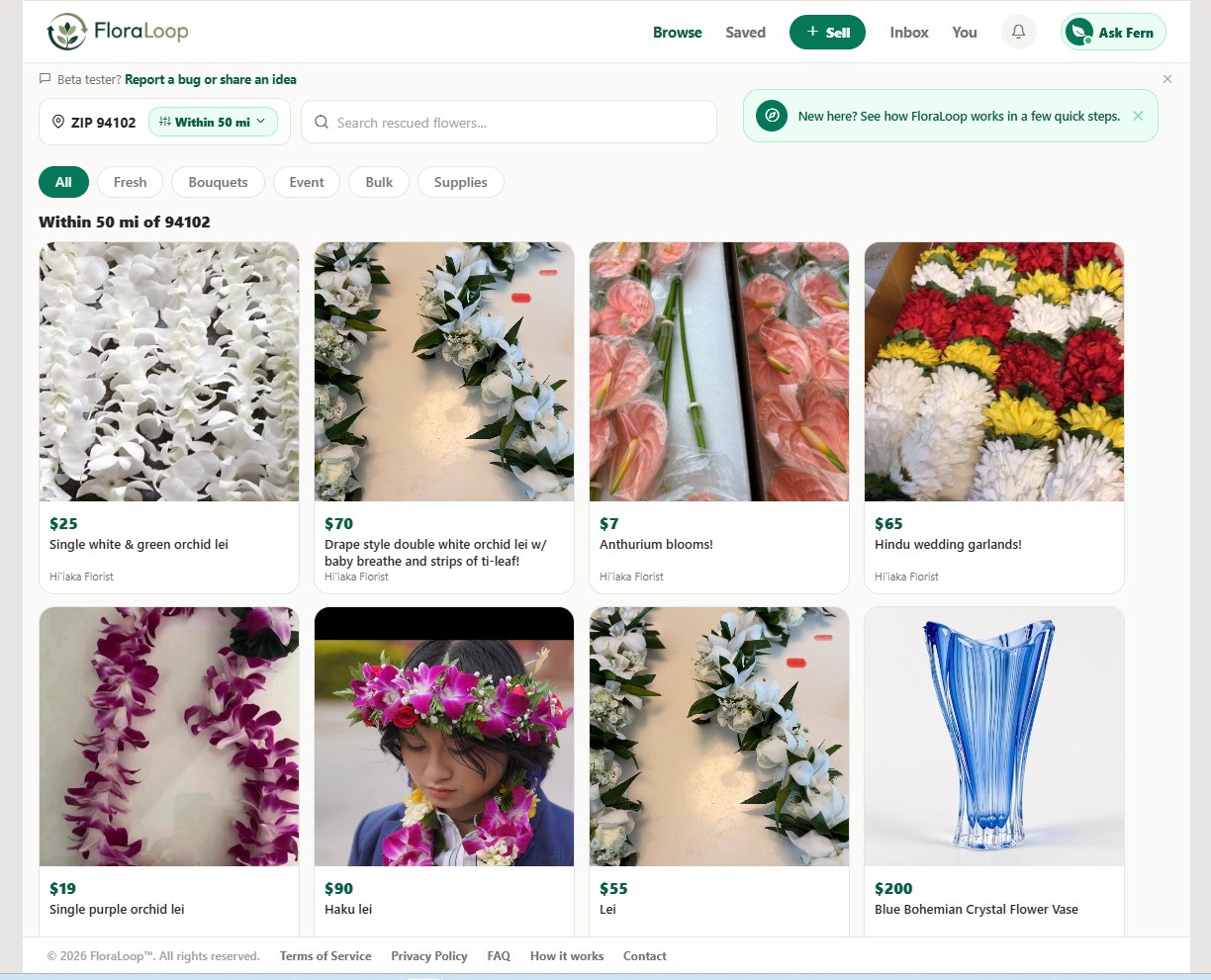 The FloraLoop browse screen showing rescued flower listings near ZIP 94102, including orchid leis, anthurium blooms and wedding garlands with prices