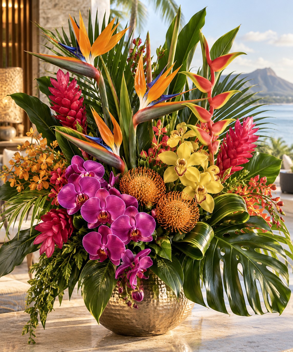 A tropical arrangement of bird of paradise, heliconia, pink ginger, magenta orchids and pincushion protea