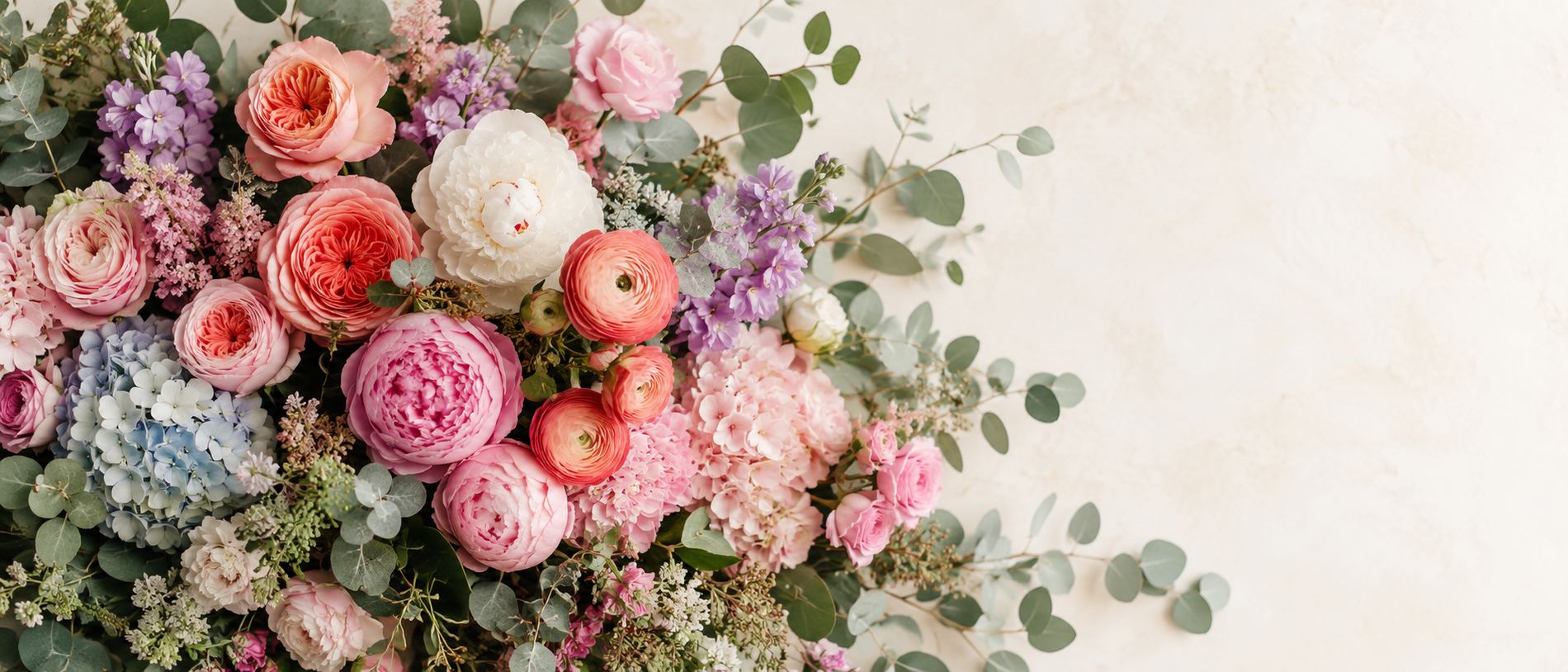 Garden roses, peonies, ranunculus and hydrangea